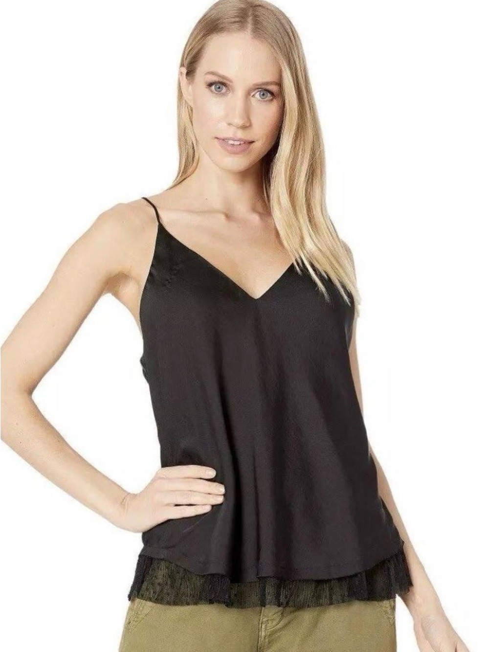 Free People Black V-Neck Lace-Hem Spaghetti Strap Camisole